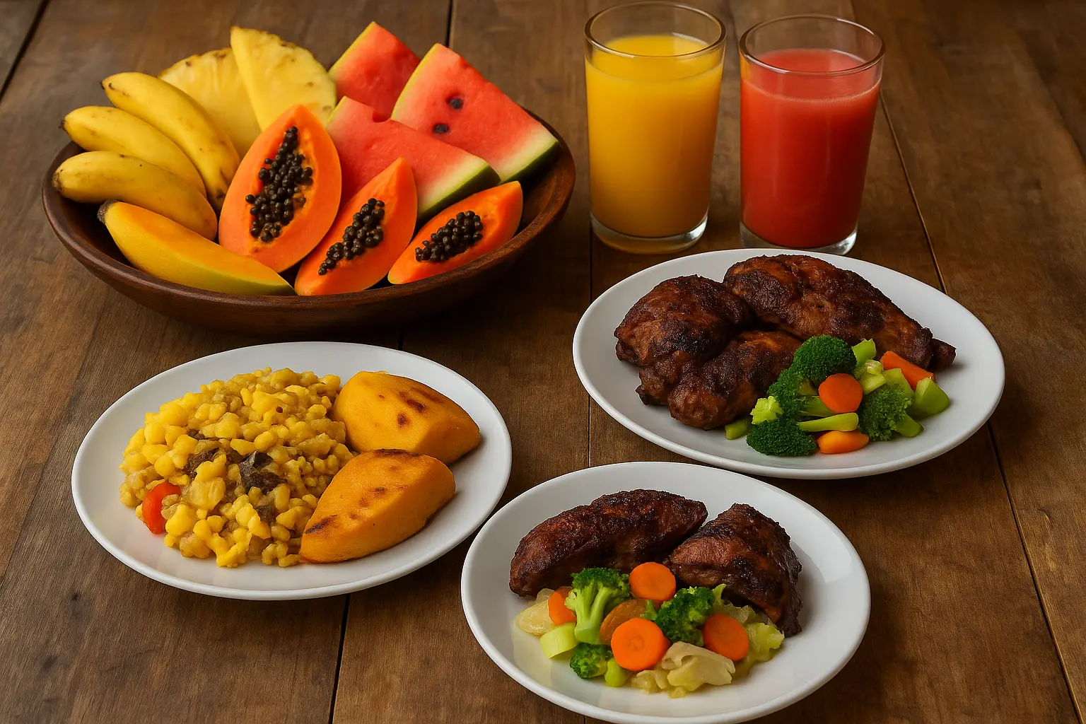 Traditional Jamaican dining at VivaViolas Guest House – ackee and saltfish, jerk chicken, and tropical fruit breakfast.